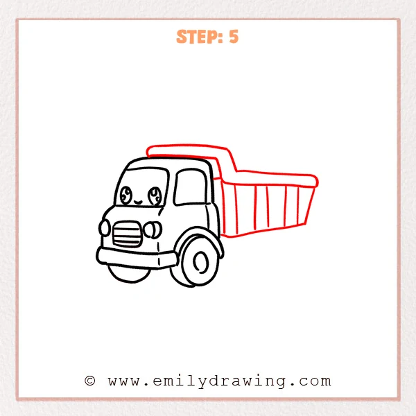 how to draw a dump truck - Step 5 adds the dump truck’s long dump bed behind the cab, with a thick rounded top rim and several vertical support panels.
